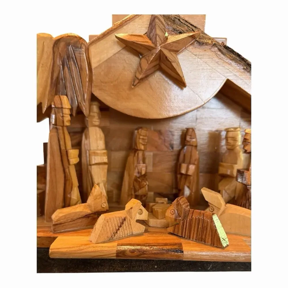 Nativity Hand Carved Olive Wood Crafted In Bethlehem MUSICAL Rotating Star